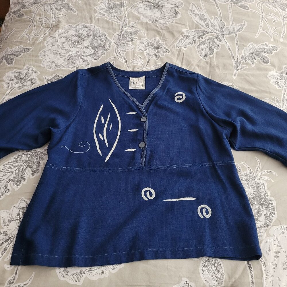Vintage Play Alegre Hand Painted Blue 3/4 Sleeve V-Neck Top Size Small